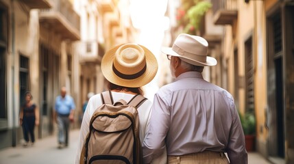 A senior couple is seen enjoying their city tour, exploring the urban landscape. They are dressed in comfortable travel attire embodying the spirit of adventure and lifelong learning. - obrazy, fototapety, plakaty