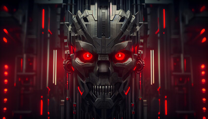 Evil robot head with glowing red eyes in data center, Ai generated image