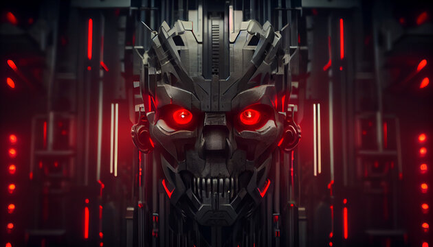 Evil robot head with glowing red eyes in data center, Ai generated image