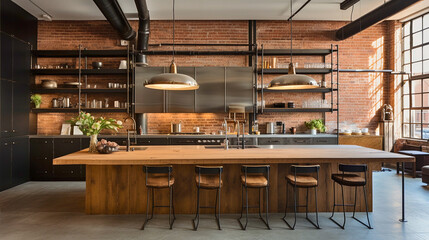 In a loft architecture, an oversized industrial kitchen island with rough wood textures, exposed brick, metal details, and edgy lighting dominates.