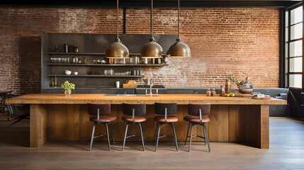 In a loft architecture, an oversized industrial kitchen island with rough wood textures, exposed brick, metal details, and edgy lighting dominates. - obrazy, fototapety, plakaty