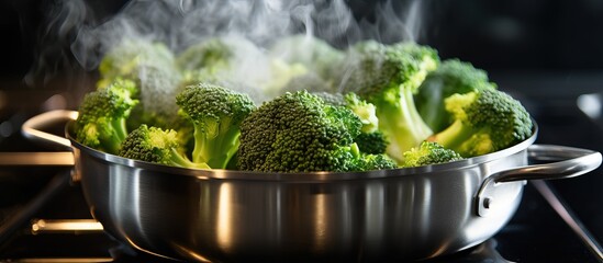 Preparing a healthy vegetable meal cooking broccoli in a stainless steel pot