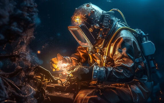A diver is doing welding underwater