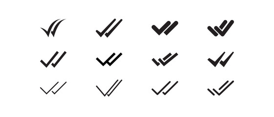 Double checking in different style for confirm approval. Two arrow for Valid seal sign. Checklist completed logo. Double check mark icon set. Vector illustration. Design
