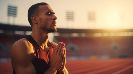 Athletic man praying while standing at the stadium