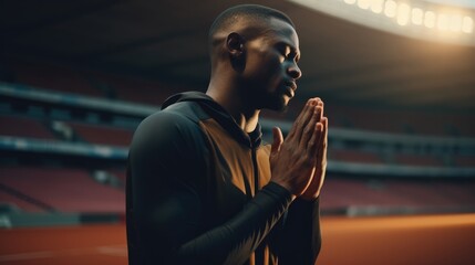 African american athlete praying while standing at sports stadium  - obrazy, fototapety, plakaty
