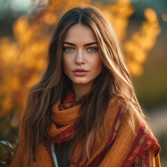 Beautiful female model outdoors fashion photoshoot in autumn
