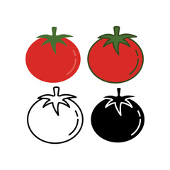 Organic fruit round tomato. Fresh and ripe of red cherry tomato. Juicy vegetable is tomato with leaf. Tomato icon, vegan, vegetarian, fresh. Vector illustration. Design