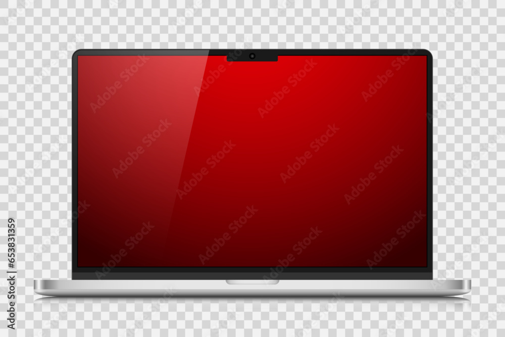 Poster a realistic laptop with a red gradient screen and reflection on a transparent background. the layout