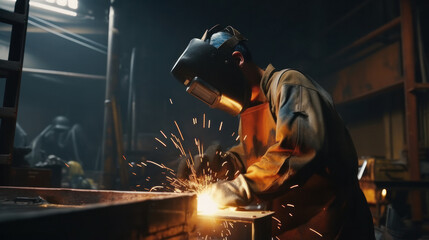 Crafting Sparks: A Skilled Welder at Work in the Factory.