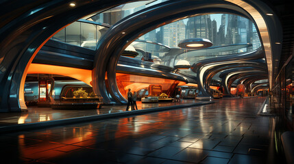 A futuristic subway station with a 1940s aesthetic, Retrofuturism