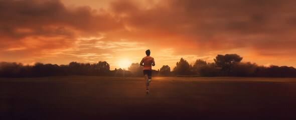 Athlete running on road at sunrise. 