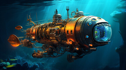 A steampunk-inspired submarine exploring the depths of the ocean, Retrofuturism