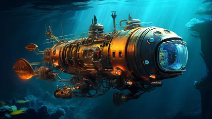 Fotobehang A steampunk-inspired submarine exploring the depths of the ocean, Retrofuturism © Катерина Євтехова