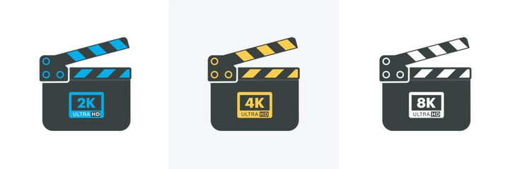 Clapper board icon set. Movie clapper board line vector icon.open and closed film clapperboards. 3d realistic opened Movie film Clap board Icon trendy flat style.