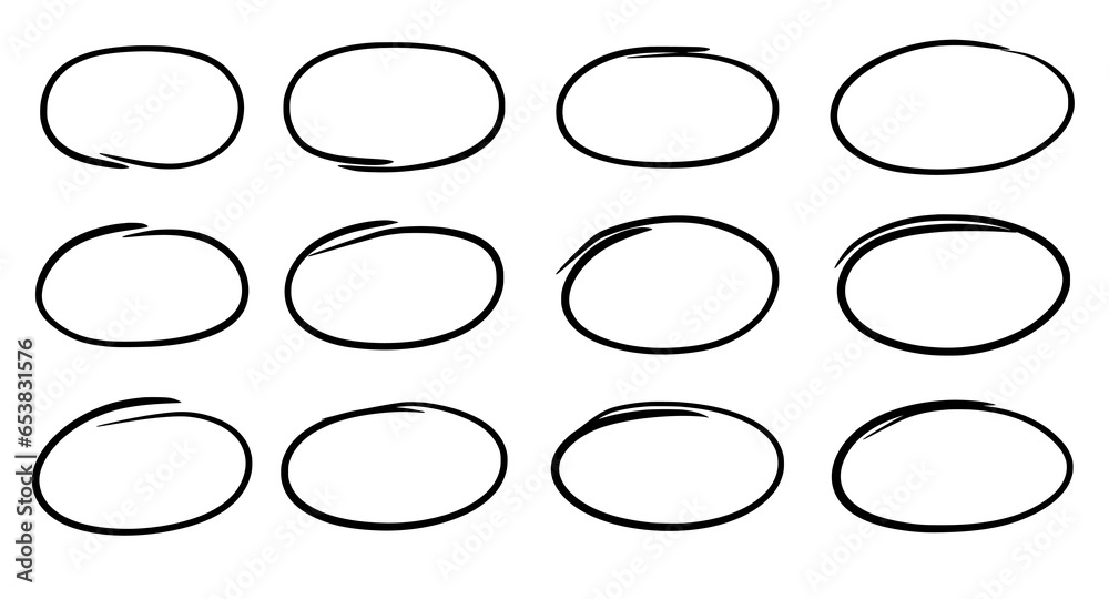 Poster drawn pen line oval set. hand drawn marker stroke style doodle oval frame. scribble round frame for 