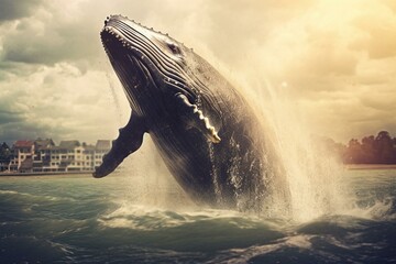 A whale leaping from water, mouth agape. Generative AI - obrazy, fototapety, plakaty