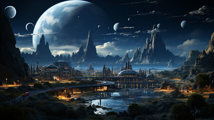 A vintage-style space colony on a distant planet with a 1950s vibe, Retrofuturism