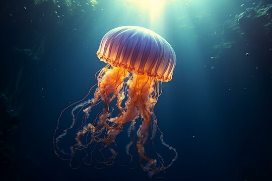 A peaceful image showcasing a jellyfish in its natural surroundings, moving gracefully with the ocean currents. Generative AI