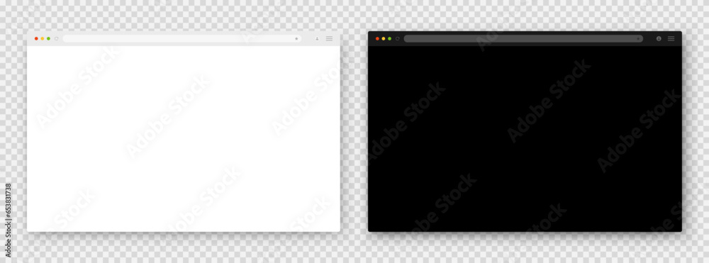 Poster a set of browser window in white and black on a transparent background. website layout with search b