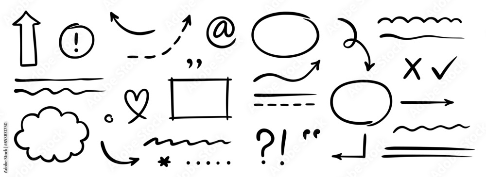 Poster hand drawn line arrow, sketch underline, round frame element set. scribble sketch pencil stroke circ