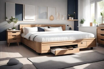 Scandinavian-style bedroom with under-bed storage drawers