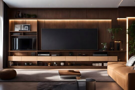 modern living room with hidden storage in the entertainment center