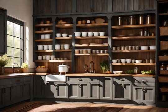 Rustic farmhouse kitchen with creative pantry storage
