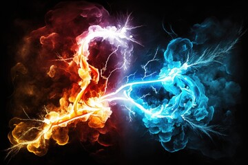 Abstract background of red, blue and yellow colored smoke in the form of a lightning bolt