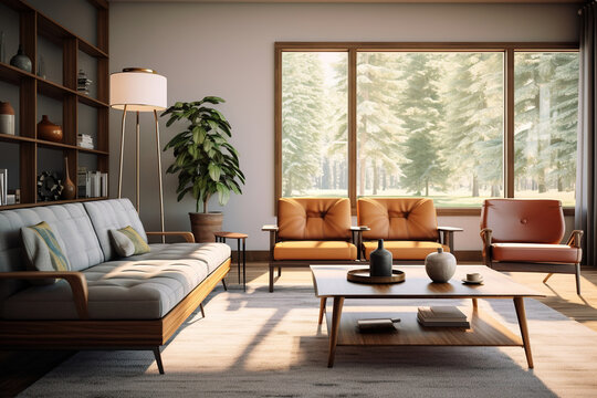 Modern living room, with clean-lined furniture in warm wood tones, organic-shaped coffee table, and minimalistic metal floor lamps