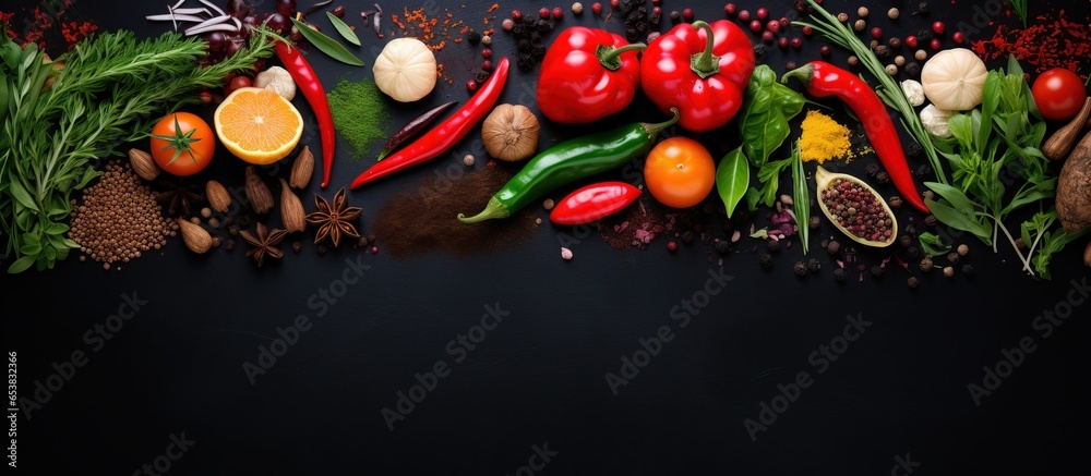 Canvas Prints Top view of a black stone table with a background of spices herbs and vegetables Ample space to add text