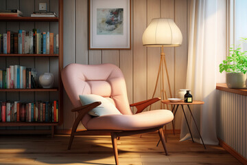 Modern reading room nook with a cozy upholstered armchair, a sculptural floor lamp, and a vintage-inspired bookshelf