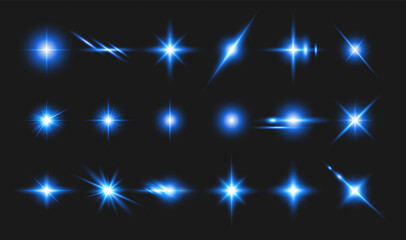 A set of glowing blue light effects on a dark background. Sparkling and shining stars, bright flashes of lights with radiation. Vector illustration.