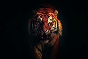 a tiger in bright orange on a dark surface. Generative AI
