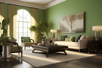 Contemporary Asian-inspired living room with a fresh green color scheme and opulent décor. Generative AI