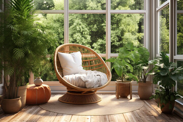 Modern eco-friendly house sunroom with large windows overlooking a lush garden, featuring a woven rattan lounge chair, a round glass-top side table, and potted plants adding a touch of greenery