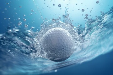Golf ball underwater with splashes and bubbles. Generative AI