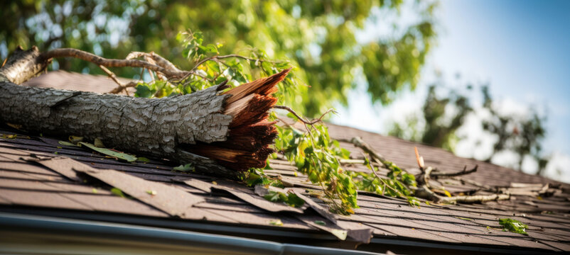 fallen tree branch on damaged house roof after hurricane. property insurance. banner with copy space