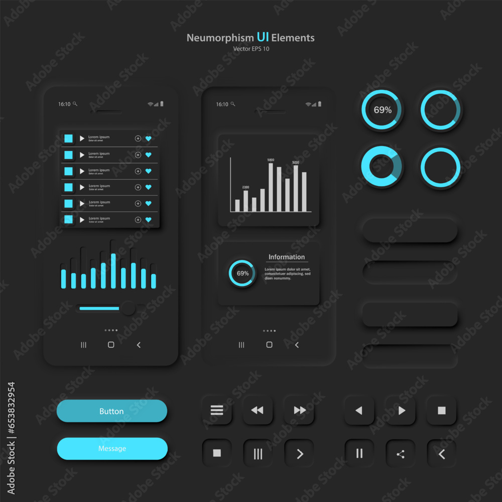 Poster a set of user interface elements for a mobile application in black and blue. user interface icons fo