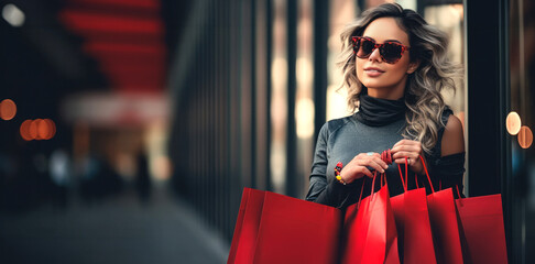 Young woman enjoying a day of shopping and Black Friday with several bags on the street with copy space. Promotional marketing offer and online shopping concept