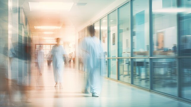 Blurred image of hospital interior with people walking