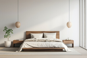 A calming minimalist bedroom, with a platform bed, crisp white bedding, and minimalist bedside tables