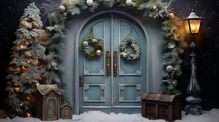 Cen&aacute;rio infantil, porta, presente de &aacute;rvore de Natal, decora&ccedil;&atilde;o de fundo