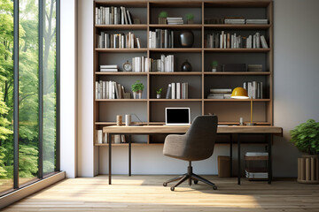 A minimalist home office with a clean-lined desk, a comfortable ergonomic chair, and a single floor-to-ceiling bookshelf displaying a curated collection of books and objects