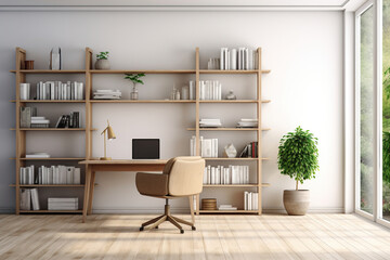 Fototapeta na wymiar A minimalist home office with a clean-lined desk, a comfortable ergonomic chair, and a single floor-to-ceiling bookshelf displaying a curated collection of books and objects