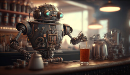 Robot bartender making drink behind the table