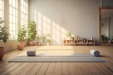 A minimalist Scandinavian yoga studio, with a wooden yoga mat, neutral-toned yoga props, and soft cotton bolsters