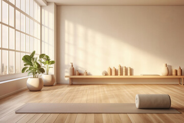A minimalist Scandinavian yoga studio, with a wooden yoga mat, neutral-toned yoga props, and soft cotton bolsters