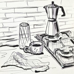 Sketch kitchen in the morning geyser coffee maker and cup of coffee hand drawn illustration