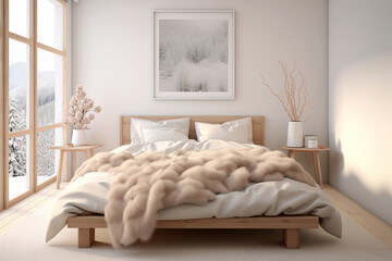 Fototapeta na wymiar Modern Scandinavian bedroom with a minimalist wooden bed frame, white linens, and a cozy knitted throw blanket in a soft, neutral color